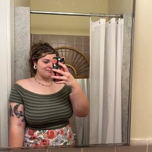 Green Stripes Ribbed Off-Shoulder Top